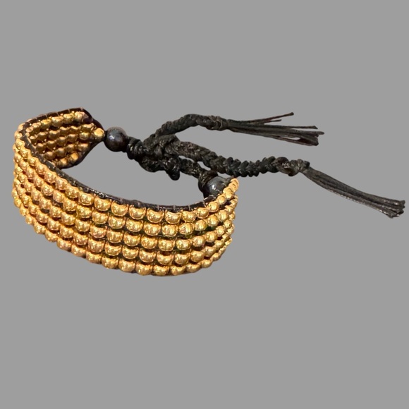 Handcrafted gold tone seed bead tie on loom bracelet cuff - festival - unisex - Picture 13 of 13